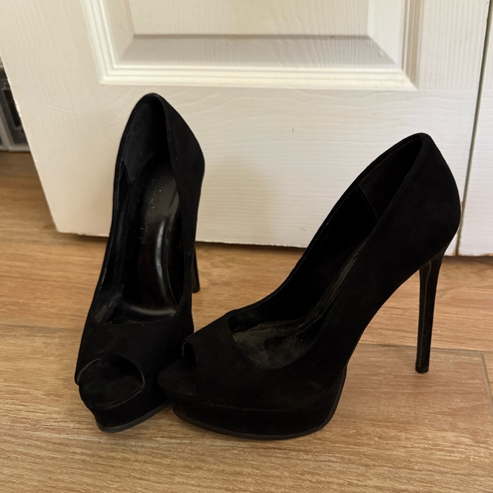 Stiletto platform Peep-Toe Heels black suede like material - Picture 2 of 7